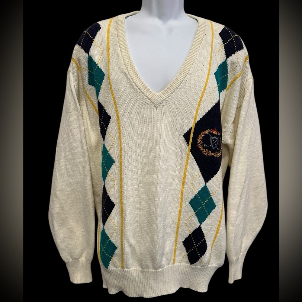 Pringle of Scotland Mens Sweater‎ Ivory Cable Argyle V Neck Golf Preppy VTG XL